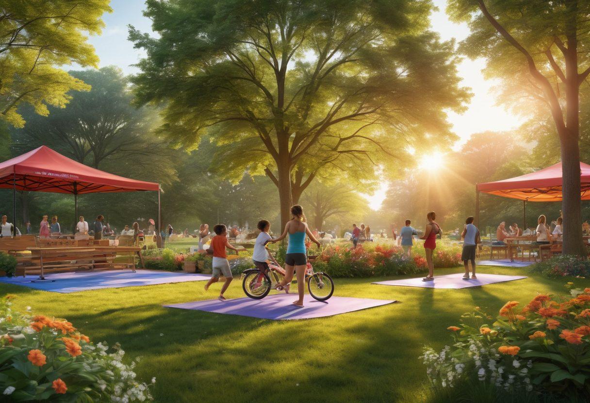 A serene family enjoying outdoor activities in a lush New Jersey park, surrounded by wellness resources like yoga mats, bicycles, and healthy food stalls. The scene includes a warm sunset to evoke a sense of community and empowerment. Families of diverse backgrounds benefiting from health education booths, with visible greenery and nature. super-realistic. vibrant colors. 3D.