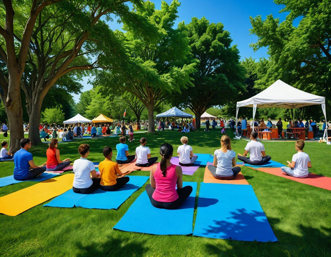 A vibrant family gathering in a sunny New Jersey park, surrounded by symbols of healthcare resources like pharmacies, clinics, and wellness workshops. Families engaging in various activities like yoga, cooking healthy meals, and consulting friendly healthcare professionals. A clear blue sky and lush green trees in the background symbolize hope and well-being. super-realistic. vibrant colors. 3D.
