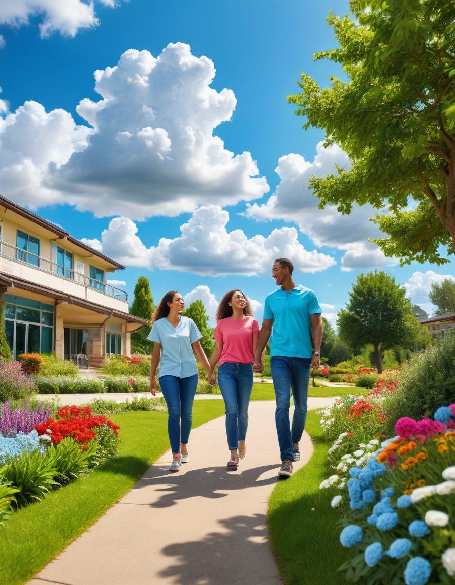 A vibrant family enjoying a sunny day at a park, representing diverse families united in health. In the background, various healthcare facilities and services illustrated through icons like doctor’s offices, pharmacies, and wellness centers. Bright colors and cheerful expressions highlighting the theme of thriving health services. A light blue sky with fluffy clouds enhances the feeling of optimism and support. digital art. vibrant colors. 3D.